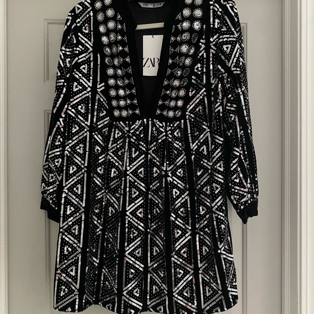 Zara Black and White Embellished Dress
